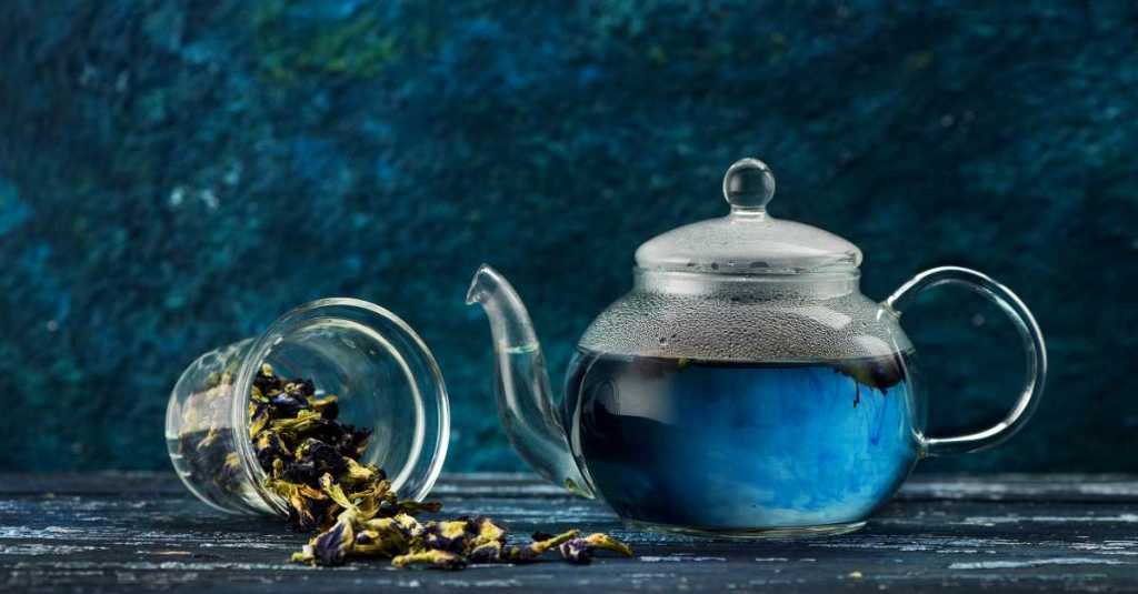 A glass teapot filled with vivid blue butterfly pea flower tea, alongside scattered dried flowers.