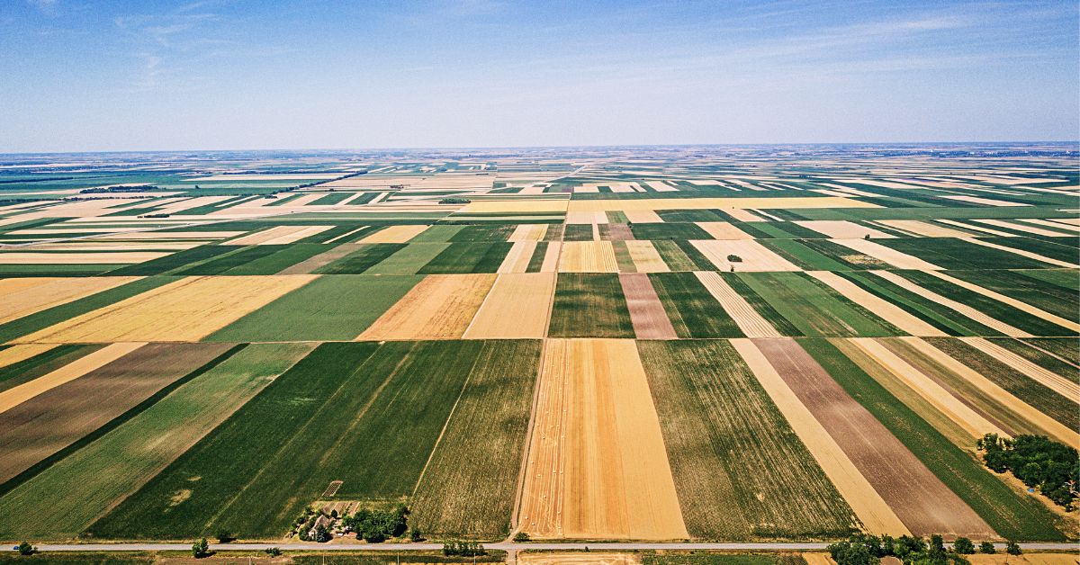 Aerial view of sustainable farming practices benefiting the planet. Aerial image of patchwork agricultural fields showcasing various crops and land management practices.