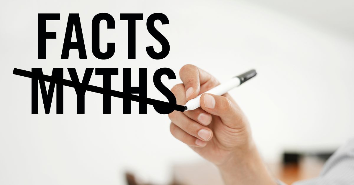 Understanding the facts about vegan protein helps dispel common myths. The words "MYTHS" crossed out with "FACTS" highlighted, illustrating the concept of dispelling misconceptions about vegan protein.