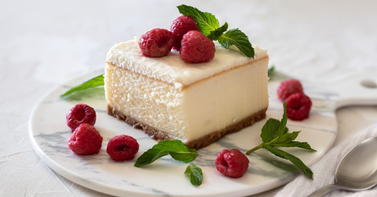 Cheesecake plated with blueberries, edible flowers, and mint leaves.